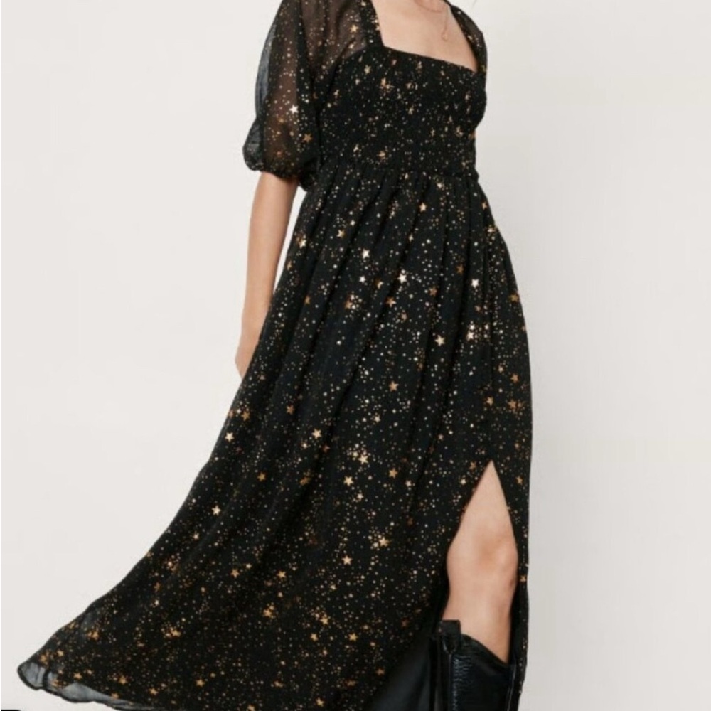 Nasty Gal Maxi Dress Starry Eye Metallic Black Gold Sz 2